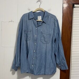 Serra‎ Retreat Joie Rucker Womens 2X Blue Pinstripe Lyocell Button Down Shirt